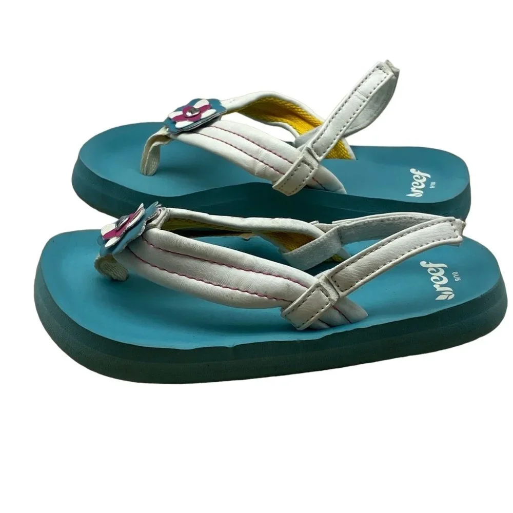 Reef Girl Light Blue Ankle Strap Little Ahi‎ Floral Flip Flop Sandals Sz 9/10